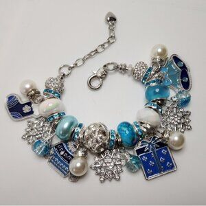 Elegant Silver and Blue Holiday Charm Bracelet